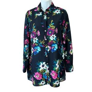 Foxcroft NYC Floral Button Down Tunic Shirt Navy Blue